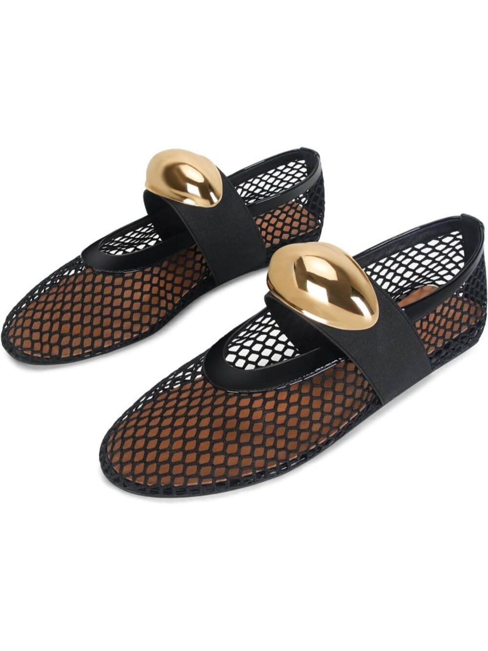 Women's Black Gold Rubber Sole Buckle Strap Comfy Fishnet Ballerina Flat Shoes